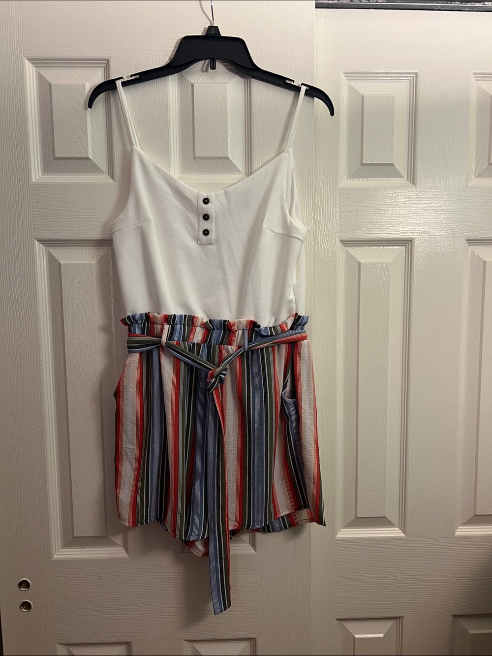 J for Justify White Bodice Striped Paperbag Waist Romper